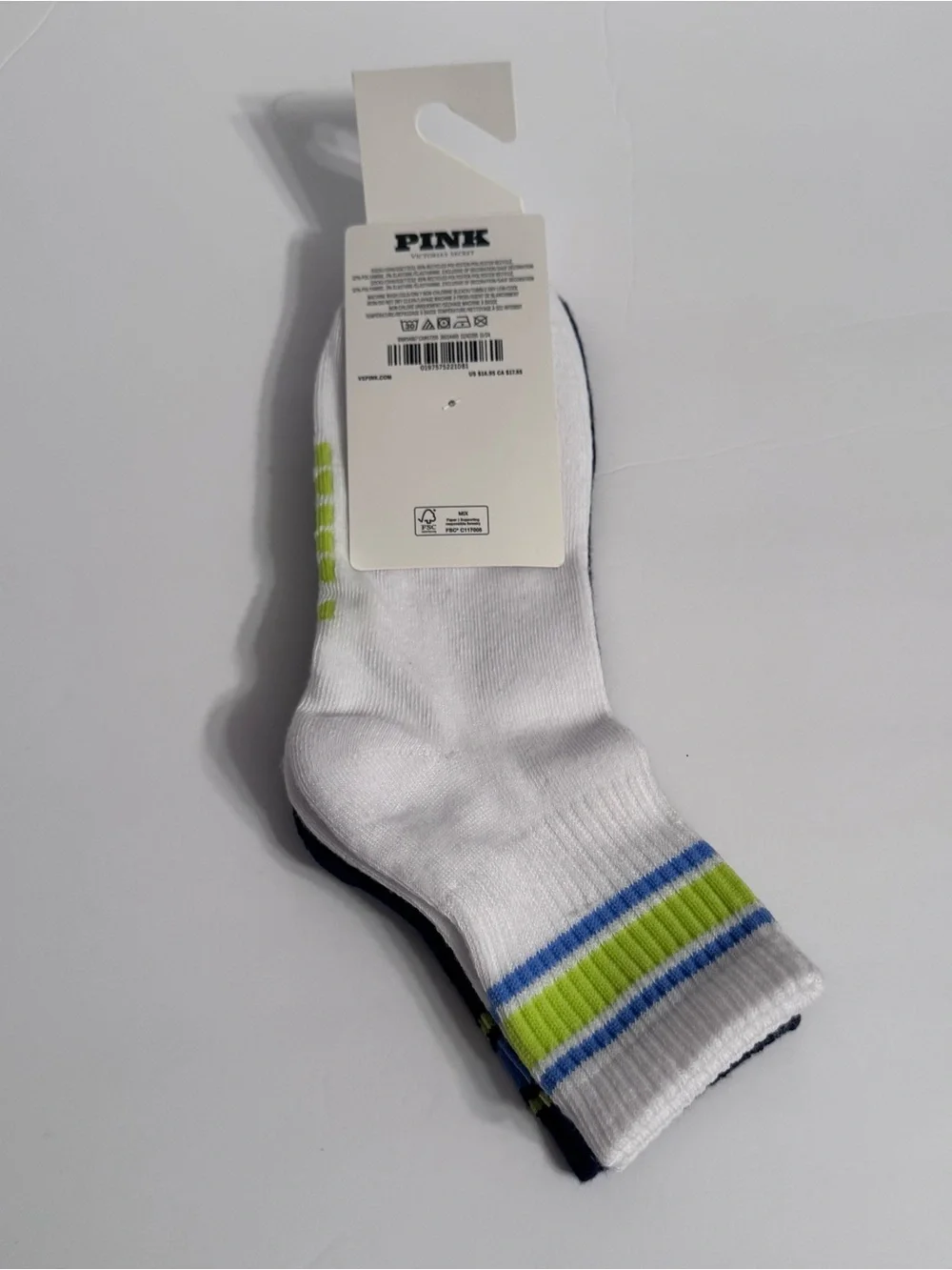PINK Victoria's Secret Navy & White Quarter Socks with Blue Lime Stripes 2 Pack - Picture 6 of 7